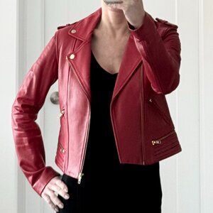 Maje Red Leather Biker Jacket – Gold Hardware | Fits XS/S
